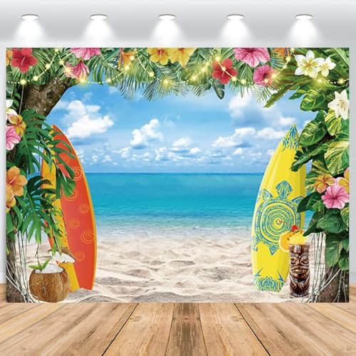 ASDCXZ Sommer Hawaiian Strand Fotohintergrund 2.2x1.5m, Tropisch Blumen Luau Hawaii Thema Fotografie Hintergrund Blau Himmel Ozean Palme Blätter Aloha Tiki Party Dekoration Banner Studio Requisiten