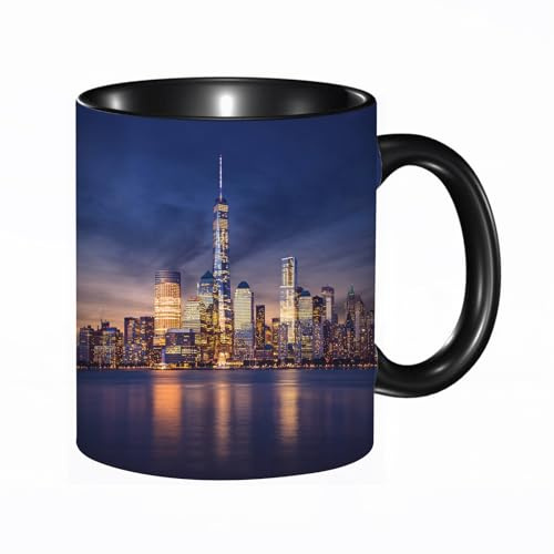HRRASFAZF Tasse Kaffeetassen,Große 330ml Mit Henkel 100% Handbemalt kaffeebecher porzellan,Stadt, Manhattan, New York, nach Sonnenuntergang,Frauen,Jahrestag,Muttertag