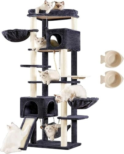 Hey-brother Rascador para gatos, 180 cm, para interior, con 2 cuevas, 2 cestas para gatos, hamaca, comedero y árbol rascador de sisal, varios pisos, gris ahumado EMPJ036G