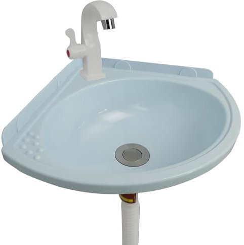 Lavabo Mural Triangulaire en Plastique Gain de Place Lavabo D'angle avec Robinet et Kit de Vidange,Cuve à Lessive,Évier de Cuisine Compacte,Pour Salle de Bain et Jardin