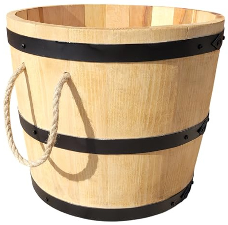 weeco Pflanzkübel aus halbem Holzfass mit Seilgriffen für Garten Terrasse Balkon 43x38x36 cm