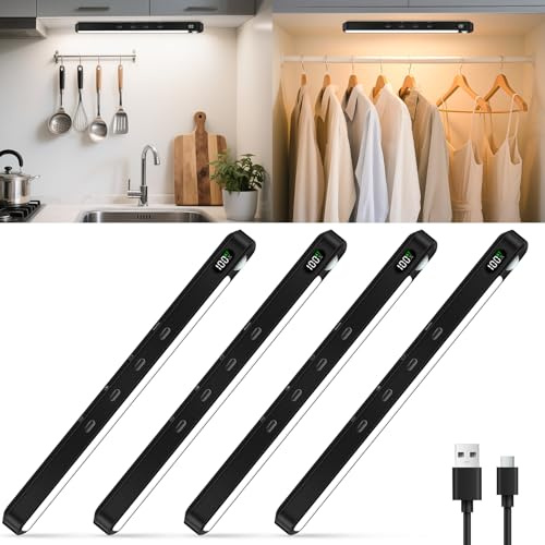 WILLED Schrankbeleuchtung Unterbauleuchte Küche 64 LEDs,3 Farbtemperaturen Dimmbar,Anzeige des Batteriestands Led mit Bewegungsmelder Schranklicht,USB Schrankleuchte für Schlafzimmer,küchen 4 Stück