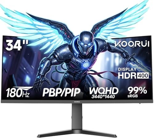 KOORUI Monitor Curvo para Juegos R1000 de 34 Pulgadas | Panel VA WQHD 3440x1440, 180 Hz + 1 MS MPRT, HDR400 + 99% sRGB, Compatible con Ajuste de Altura de 110 mm, Negro