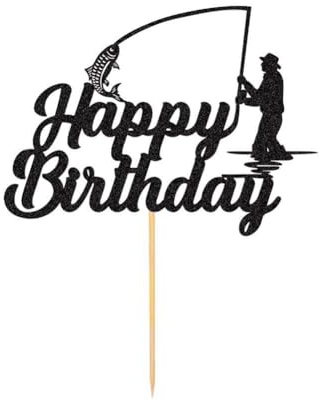 GreatRise Angler Tortendeko Happy Birthday Kuchen Topper Glitzer Tortenaufleger Fische Angeln Deko Kuchendeko Kuchenaufsatz für Kinder und Erwachsene Geburtstag Cake Dekoration 1pcs