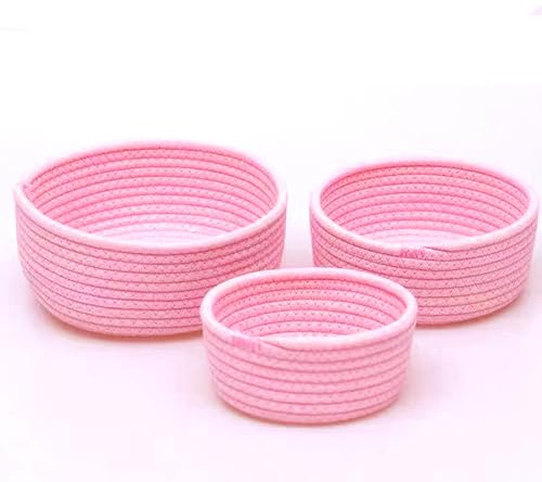 Lydlrum Storage Baskets, Pink Cotton Rope Woven Bathroom Storage Basket Set of 3, Round Small Basket Box Organizer Bins