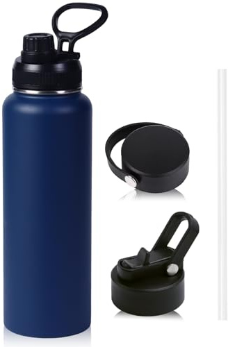 Insulated Water Bottle, 650ml Stainless Steel Water Bottle with 3 Lids (Straw Lid & Spout Lid & Flat Lid), Double-Walled Vacuum Bottles Leakproof Drink Flask for Travel Sports Gym Hiking (Navy Blue)