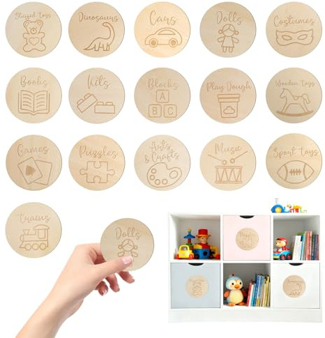 16 Stück Holzschilder Aufkleber Kinderzimmer Ordnungsetiketten mit Klettpunkten für IKEA Trofast Regal Boxen Spielzeugbox