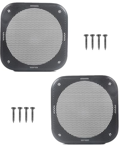 Xiciki 2 rejillas para altavoces de coche de 4 pulgadas, color negro, cuadrícula cuadrada, 109 x 104 mm, con rejilla de acero, cubierta protectora universal para audio de coche