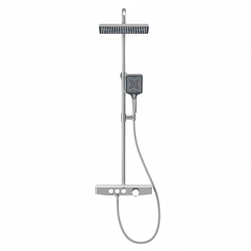 EMKE Duschsystem mit Thermostat, 300 × 200 mm Regendusche mit armatur, Regendusche Komplettset mit Glasablage (360×140 mm), Duschset mit Handbrause 3 Strahlarten, höhenverstellbar, KTW, Chrom