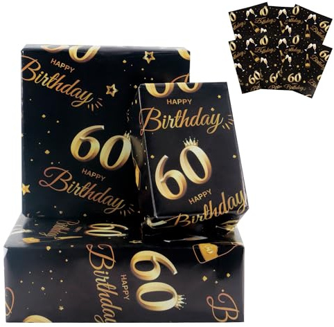 Geschenkpapier zum 60. Geburtstag, 70 x 50 cm, Schwarz und Gold, Happy Birthday Geschenkpapier, 60. Geburtstag, Geschenke, Dekorationen für Frauen und Männer, recycelbar, 60