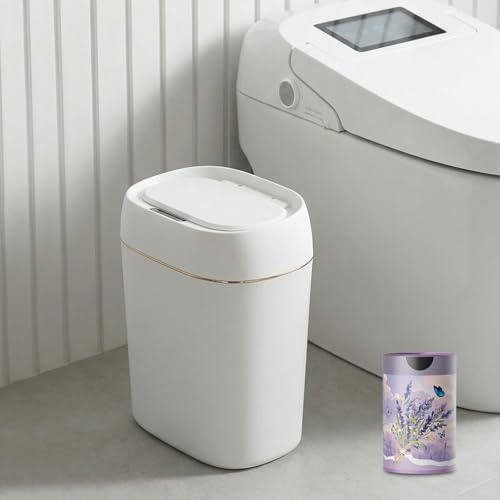 Automatic Bathroom Bin with Lid, 13 L Smart Motion Sensor Bin, Waterproof Motion Sensor Trash Bin, Bathroom Accessories, Narrow Small Garbage Bin for Bedroom, Living Room, Narrow Space - White
