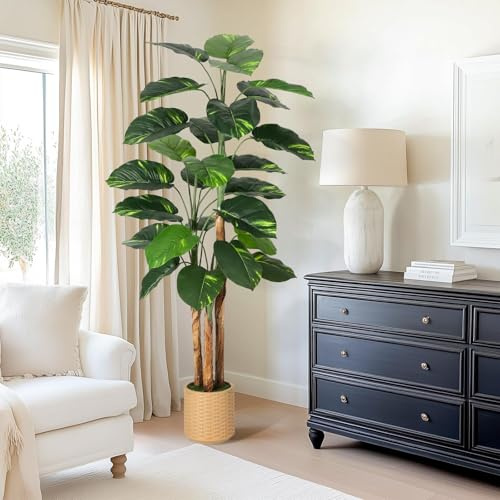 OPULENTHOME 180 cm Grande Ficus lyrata artificial realista, plantas artificiales interiores con tronco y follaje sin mantenimiento, planta falsa/decoraciones de árbol artificial para sala de estar
