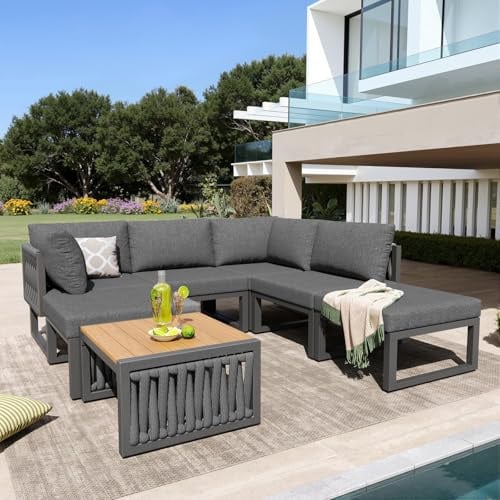 KOMHTOM Salon de Jardin 6 Places, Ensemble Canape Exterieur Modulable, Dossier Reglable 5 Positions, Table Bois Composite, Coussins Inclus, Chaise Longue pour Terrasse Piscine (Gris)