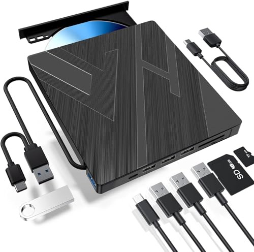 External CD DVD Drive USB 3.0 Type-C Slim Portable Player CD DVD RW Burner Writer Reader with SD/TF Slot & 4 USB Ports, Optical Disk Drive for Laptop Windows11/10/8/7 Mac OS/Macbook/Vista/Linux