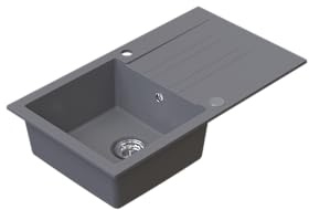 HOMEVELLO Spülbecken PIXEL Einbecken Granitspüle 77x44x18,5cm Grau, Hochwertige Küchenspüle mit Siphon, Abtropffläche, Pflegeleicht, Kratzfest, Moderne Design, Perfekt für jede Küche