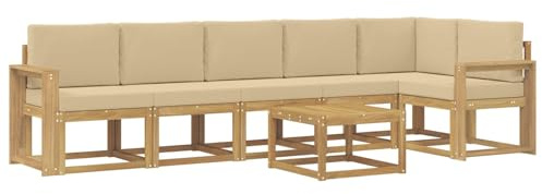 vidaXL Outdoor-Sofagarnitur mit Kissen 7 pcs Weiß und Beige Polyester, Modernes Garten-Sofa Set, wetterfestes Möbel, Sektional für die Terrasse, Akazienholz, Entspannung im Freien