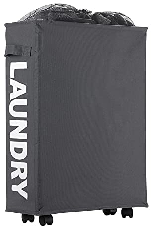 IHOMAGIC Wäschekorb mit Rädern Faltbarer dünner Wäschesammler Zusammenklappbarer rechteckiger Wasserdichter Wäschebehälter Für das Schlafzimmer Wohnung Hotel 40L Wasserdicht 39x18.5x58cm Dunkelgrau