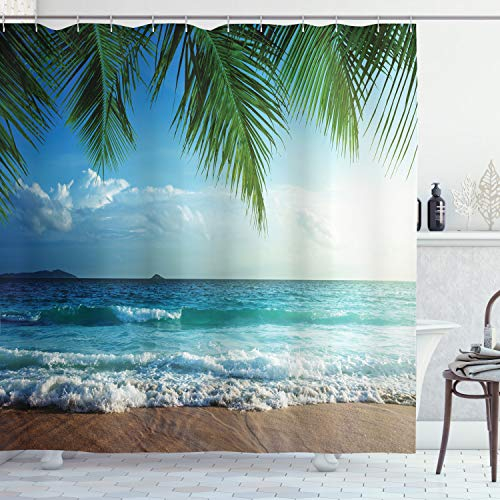 ABAKUHAUS Ozean Duschvorhang, Palmen Tropical Island, Stoffliches Gewebe Badezimmerdekorationsset mit Haken, 175 x 180 cm, Blau und Grün