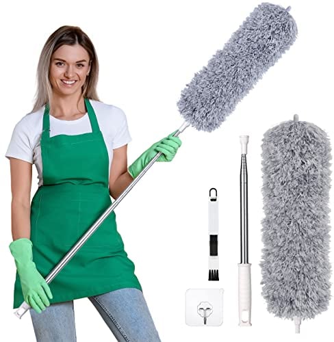 Vicloon Spolverino per Polvere Allungabile con Manico Lungo Fino a 245cm, 1 Manico+1 Piumini+1 Spazzola+1 Ganci Autoadesivi, Spolverino Microfibra Lavabile per Soffitto Ragnatela Ventilatore Tenda