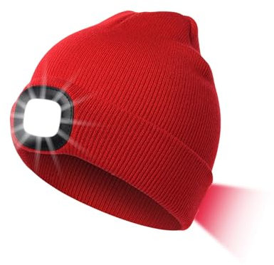 INHDBOX LED Mütze Kappe, Strickmütze mit USB Nachladbare Licht, Beleuchtung und blinkende Warnungs-Arten 8 LED, einfache Installation, Rot, L