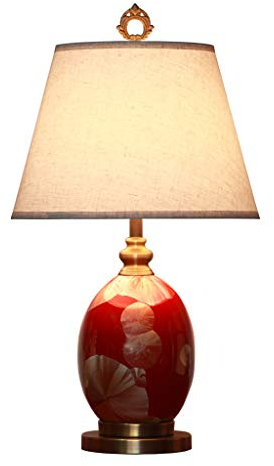 Fine Asianliving Lampe de Table en Porcelaine Chinoise avec Abat-jour Rouge Or Feuilles de Ginkgo Faite Main D18xH60cm Lampes de Chevet Chinoise en Céramique Oriental Asiatique Avec abat-jour E27