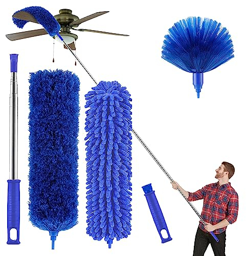 Microfibre Duster for high Ceilings, Duster for Cleaning Fan Cobweb, 100 Telescopic Extension Pole kit, Reusable Duster, Washable Lightweight Duster for Ceiling Fan webs, Blinds