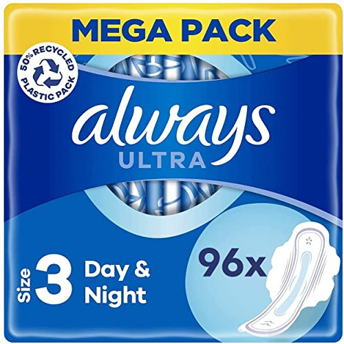 Always Ultra Night Day & Night Sanitary Towels with Wings, Size 3, 96 Towels (24 x 4 Packs), MEGA Pack, Odour Neutraliser, Super Absorbent Core