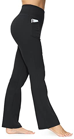 ALONG FIT Regular/Tall Frauen Bootcut Yogahosen High Waist Flare Yoga Pants mit 3 Taschen Blickdichte Dicker Stoff Jogginghose Damen Warm Fitness Sporthose Schwarz L