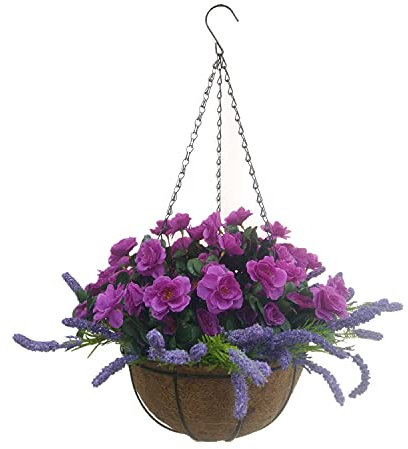 Künstlicher lila Azaleen und Lavendel für drinnen und draußen, schöne DIY-Dekoration, Seidenblumen, Kette, Hängekorb, Blumentopf (mittelgroßer Korb)