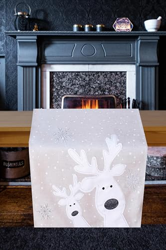 KAMACA Tischläufer 40x160 cm mit hochwertigem Druck-Motiv Küche Esstisch Eyecatcher Herbst Winter Weihnachten (Lustige Rentiere grau 40x160)