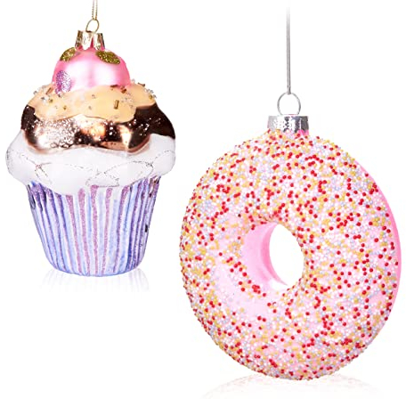 BRUBAKER Lot de 2 boules de Noël en verre soufflé à la bouche - Motif muffin et donut - Peintes à la main - Jolies boules de Noël en rose