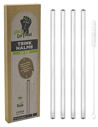 Ökolution Lot de 4 pailles en verre, longueur 23 cm, réutilisables et respectueuses de l'environnement, avec brosse de nettoyage pratique, Ø env. 8 mm, emballage en carton durable FSC 466