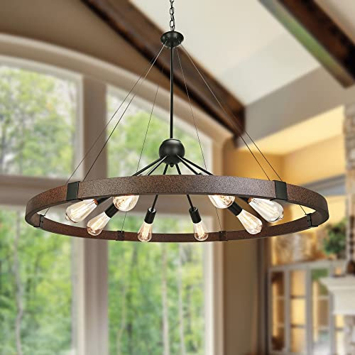 Klgxnrd Großer Kronleuchter mit Bauernhaus-Wagenrad für Wohnzimmer, rustikale runde Metall-Leuchten für Esszimmer, Eingangsbereich, Kücheninsel, Vintage-Stil, Rost und schwarze Oberflächen