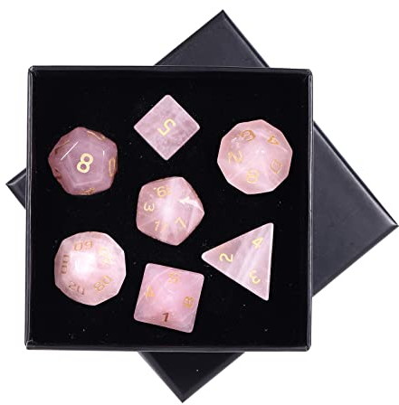 mookaitedecor 7 Stück Rosenquarz Edelstein Polyedrische Würfel Set, Polierte Heilstein DND Würfel für Dungeons und Dragons RPG MTG Tischspiele Rollenspiel Heim Dekoration