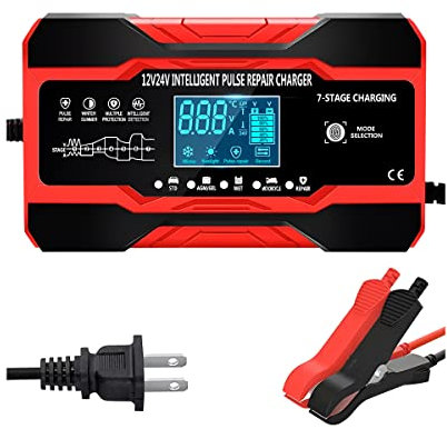 10-Amp Car Battery Charger, 12V and 24V Fully Automatic Smart Car Battery Desulfator, Battery Maintainer Trickle Charger, Battery Maintainer with Temperature Compensation for Boat Motorcycle