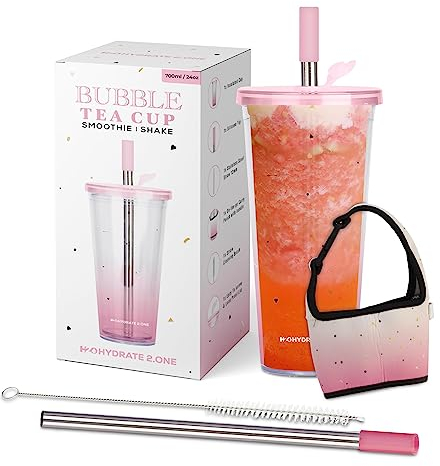 HYDRATE 2.ONE 700ml Iced Coffee Cup with Lid, Thick Straw, Brush & Sleeve | Reusable Travel Tumbler for Bubble Tea, Boba, Smoothie, Milkshake or Any Drinks (Pink)