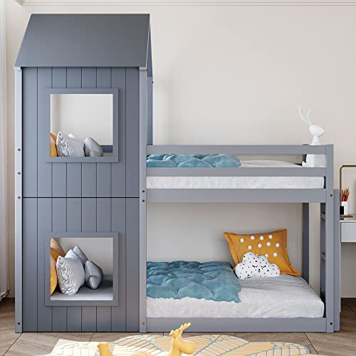 Moimhear Letto a castello, 90 x 200 cm, profondità del pavimento, con rete a doghe, scala e baldacchino (grigio)