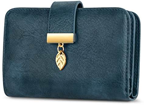 Faneam Portefeuille Femme Blocage RFID Portefeuilles en Cuir Petit Porte Monnaie avec Bracelet, Fermeture Eclair, 14 Emplacements de Cartes, Porte Carte Femme Cuir (Rétro Bleu)