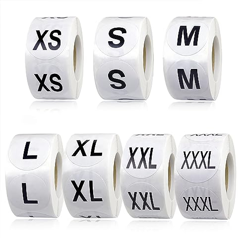 3500 Stück Aufkleber in Kleidergröße, 2,5 cm, rund, selbstklebend, 7 Größen XS-S-XXXL für T-Shirts (schwarz)