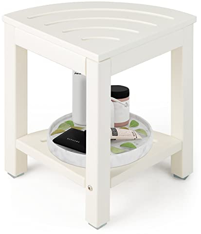 LIFEZEAL Eck Badhocker Duschhocher, Sitzhocker mit Ablage, Badezimmerhocker in Fächerform, Eckduschhocker max 150kg belastbar (Weiß)