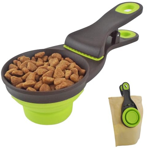 Cdipesp Pelle à nourriture multifonction 3 en 1 pour chien avec mesures et clip pour sac, tasse à mesurer pliable pour animaux en silicone, cuillères à mesurer capacité de 2 tasses, vert, L