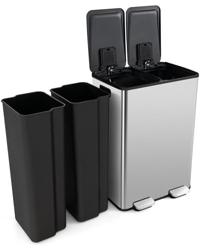 Giantex Poubelle Tri Sélectif Double Compartiments 2 x 30L en Acier Inoxydable, Poubelle à Pédale, Boîte Désodorisante, Couvercle Lisse & Silencieux, 2 Seaux Amovibles, Poubelle Recyclage Cuisine