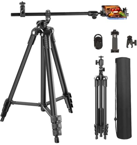 Phone Tripod, Arsoer 67 Adjustable Height Tripod with Horizontal Column and Removable Clip Mount for Overhead Shot, 360° Rotation Tripod Stand with Wireless Remote/Carry Bag for Camera/iPhone Asr-604