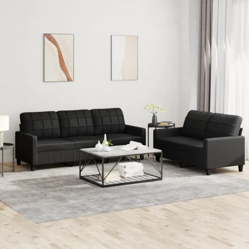 SECOLI Sofa Set 3-2 Wohnzimmer Garnitur - Kunstleder Couch für Wohnzimmer/Schlafzimmer/Büro/Wohnung - 3-Sitzer und 2-Sitzer - Schwarz