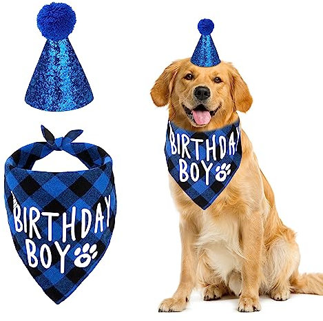 Hund Geburtstag Bandana Set Welpe Geburtstags Hut Schal Blau Party Zubehör Klassisches für Haustier Katze Dekoration Kopfbedeckung Kariertes Design Pailletten 2 Stück