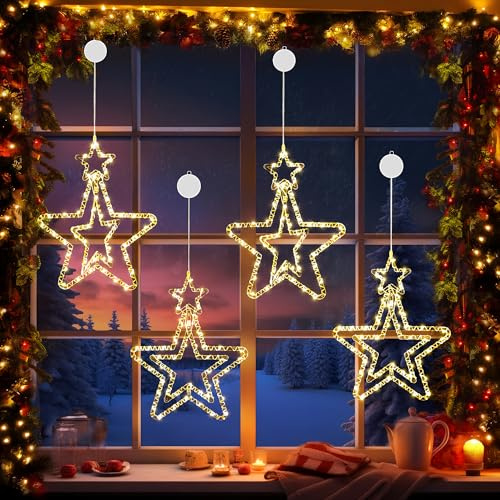 BrizLabs Ramadan LED Sterne Lichterkette, Fensterdeko Weihnachtsstern Drehbar Lichterkette Eid Mubarak Leuchtstern Batterie mit Timer Fenster Lichter für Innen Balkon Party, Warmweiß(4 Stück)