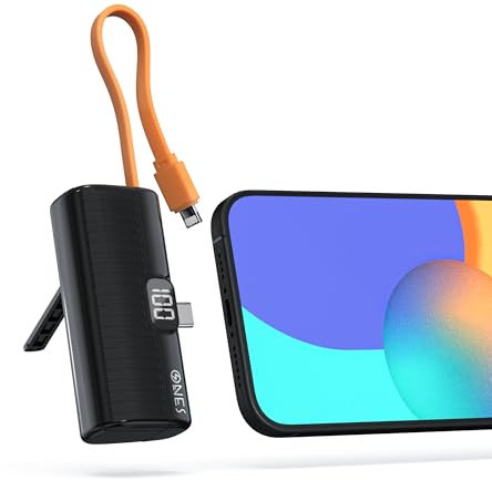 ONES 5000mAh Mini Power Bank, 10.5W Dual-Way Quick Charge, Built-in Cables/Stand, Portable Battery Phone Charger for iPhone 16/15/14/1312 Samsung S22/23 Series, USB C Plug & Lighting Cable, Black