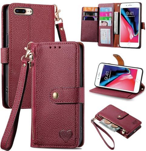 VEEMOS Zipper Wallet Case for Apple iPhone 7 Plus/iPhone 8 Plus Phone Case with Purse Card Holders RFID Blocking Leather Flip Case Book Cover Wrist Strap Women - Red