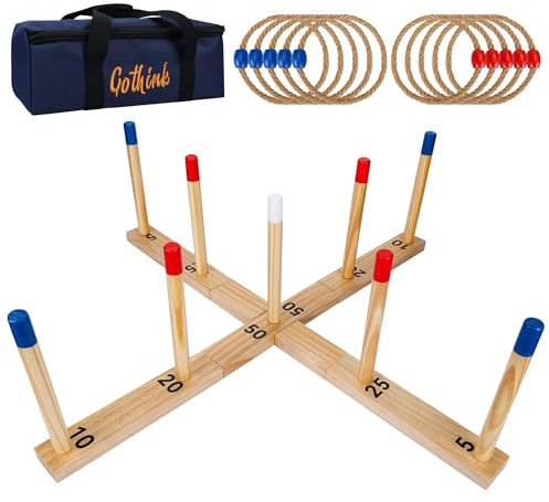 Extra großes Ringwurfspiel für Erwachsene und Kinder, 76,2 cm, Holzringwurfspiel, Outdoor-Spaß mit 9 Stangen, 10 Ringen und Tragetasche, einfach aufzubauen und kompakt zu tragen, tragbare Hofspiele