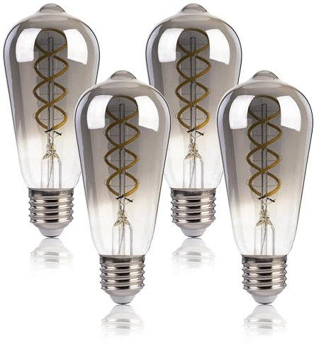 FLSNT Dimmbar Glühbirne E27 Ersetzt 40W, 4W ST58 LED Edison Vintage Glühbirne, 260LM LED Leuchtmittel, 5000K Tageslicht Glühbirne, Rauchgraues Glas, 4 Stück